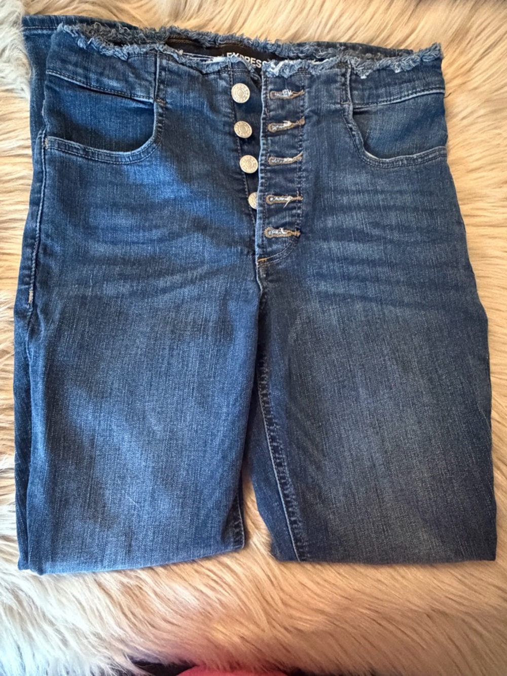 Express Dark Blue Frayed Waist Denim Jeans